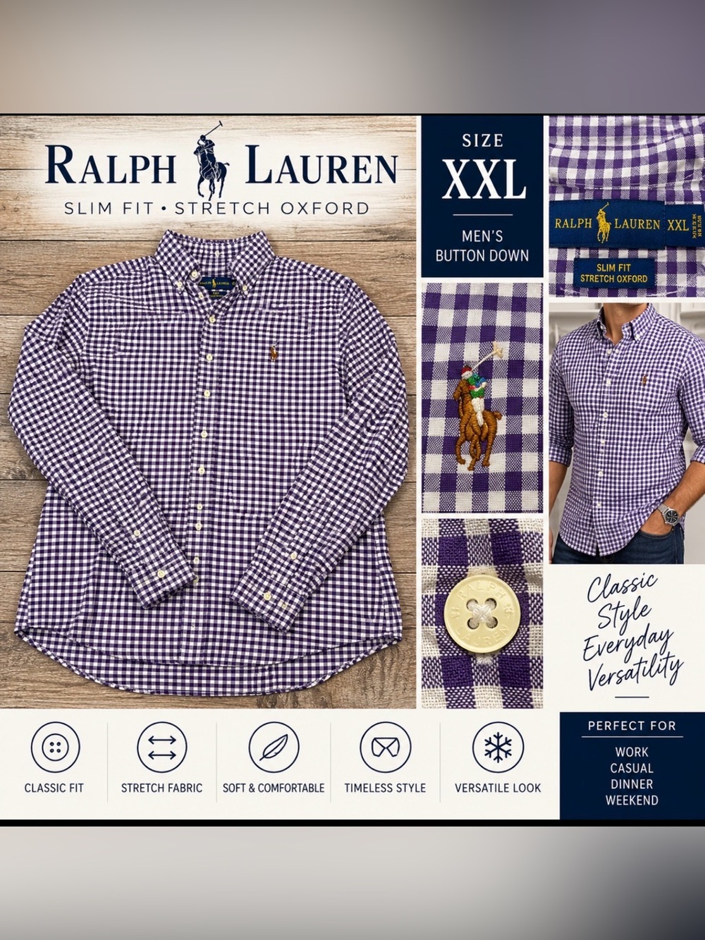 Ralph Lauren Men’s Slim Fit Stretch Oxford Gingham Shirt XXL NWOT